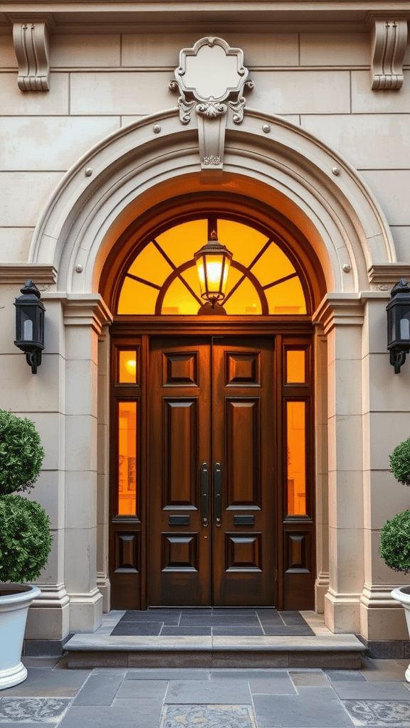 An elegant arched doorway with wooden doors and a warm glow from inside.