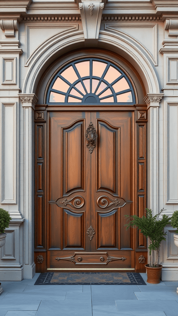 A beautifully crafted wooden door with ornate details and an arched window above it.