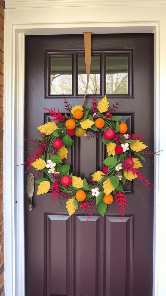 A colorful seasonal wreath with fruits and leaves hanging on a door.