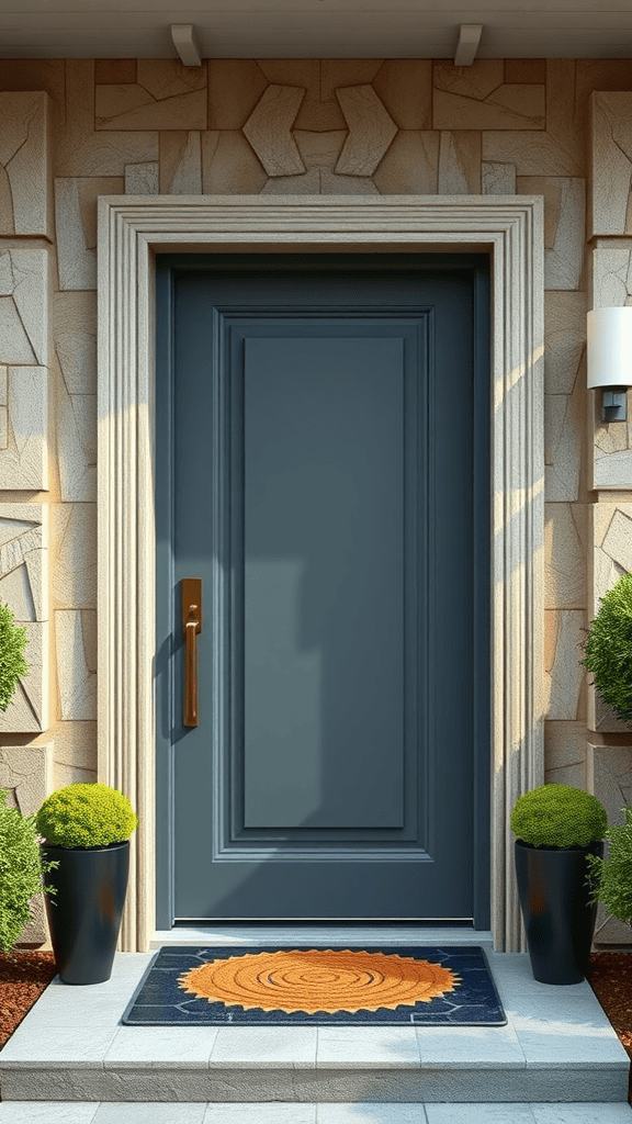 Modern door with geometric textures and a colorful doormat