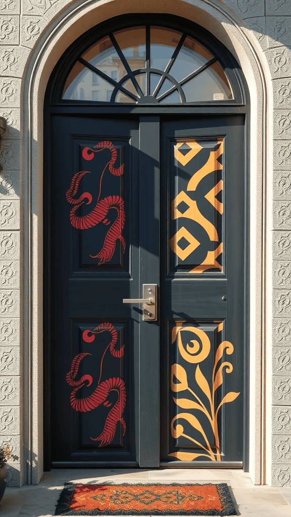 A decorative door featuring bold red and gold patterns with a welcoming doormat.