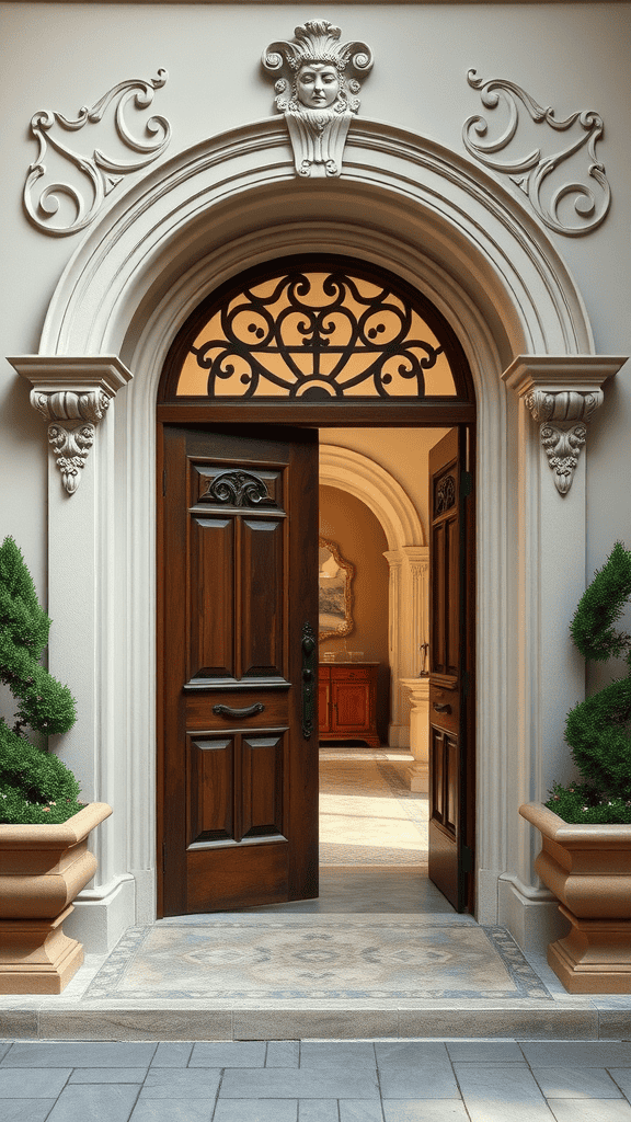 A classic arched wooden door with intricate design and surrounding decorative elements.