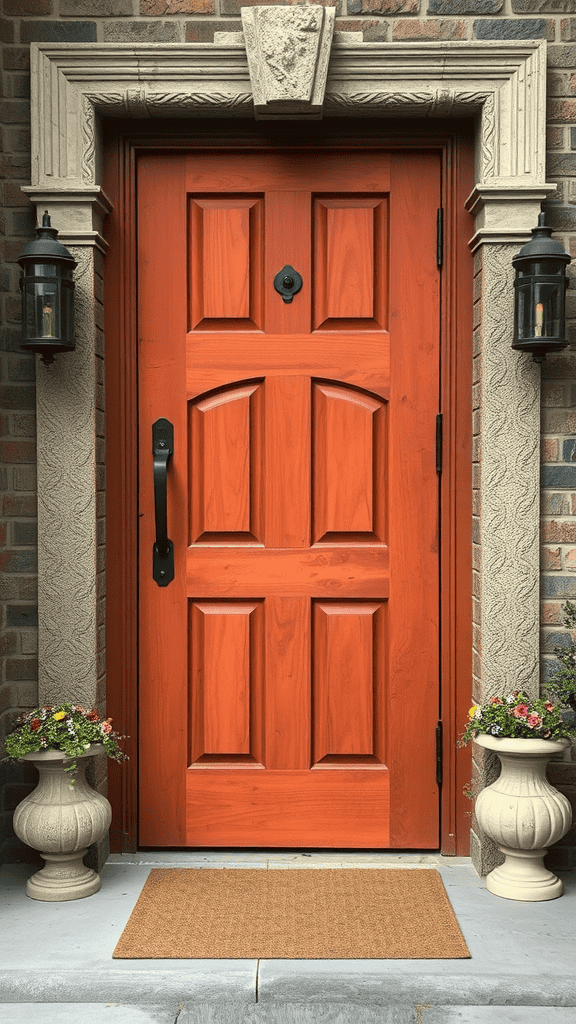 A bright orange door with decorative elements, flanked by two flower pots, set against a brick wall.