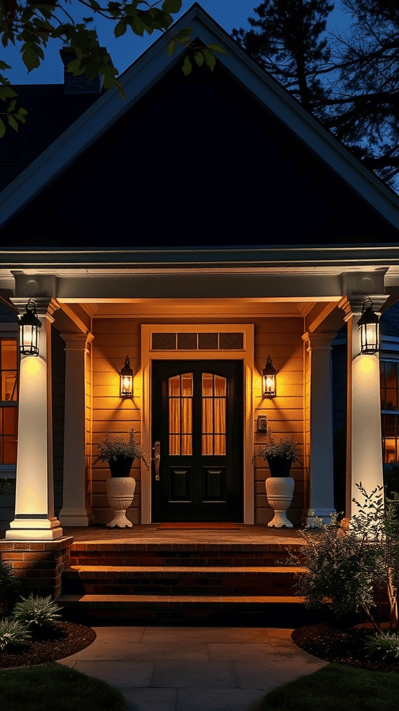 A beautifully lit front porch with decorative lanterns and potted plants