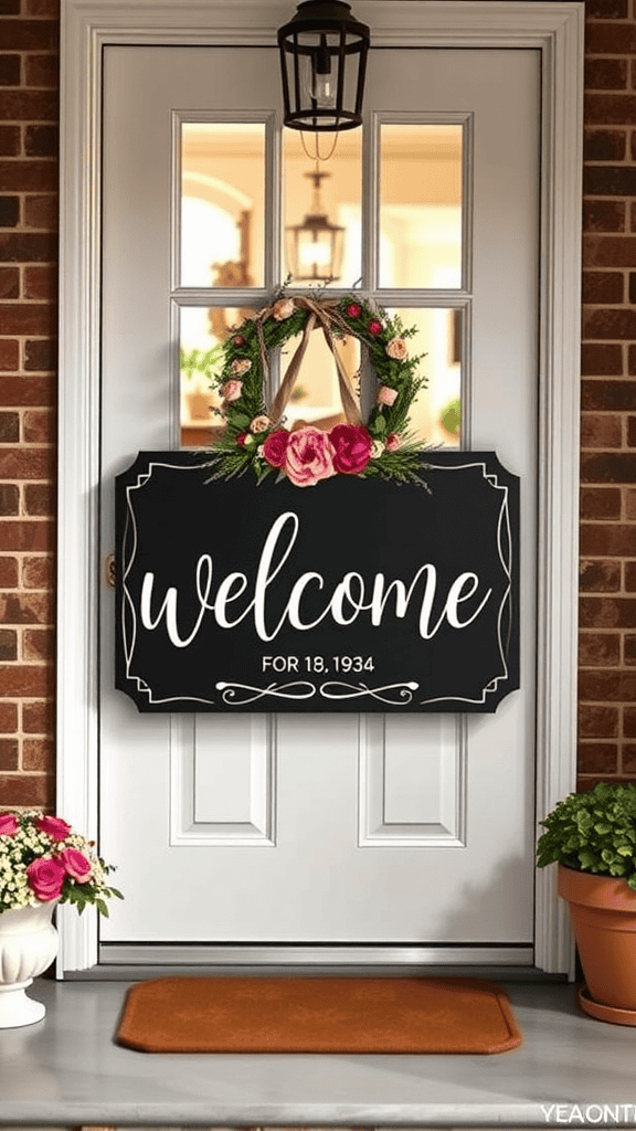 Customized welcome sign hanging on a front door with floral wreath.