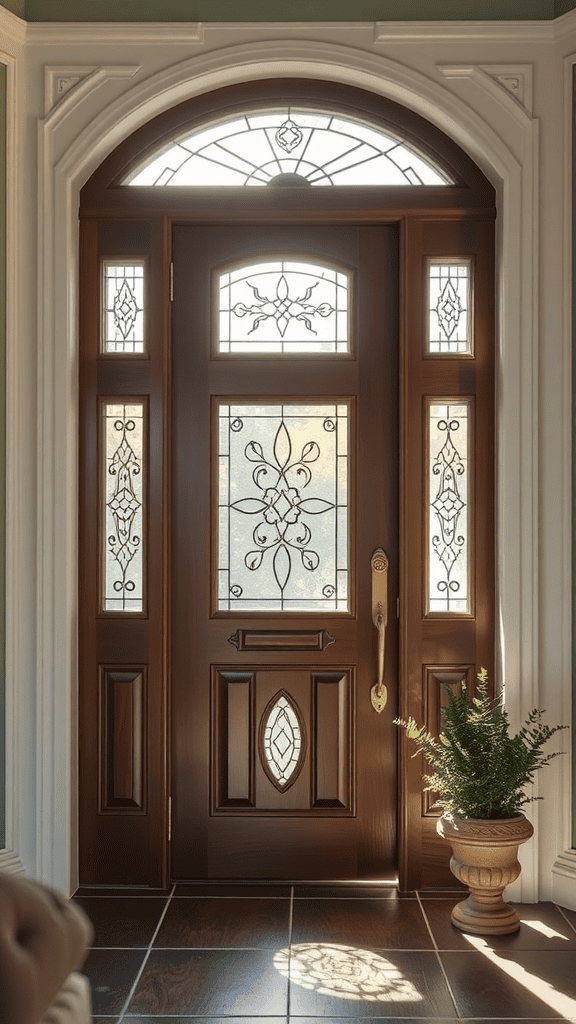 A beautiful wooden door with elegant glass inserts, allowing natural light to filter in