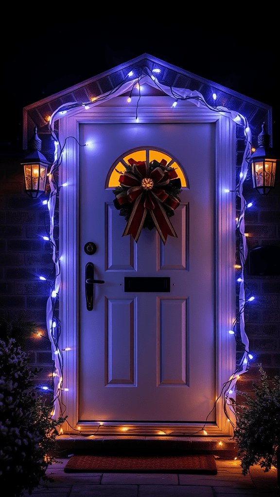 A warmly decorated front door with fairy lights and a festive wreath.