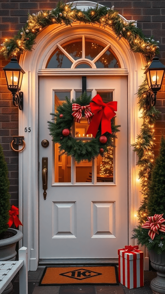 A beautifully decorated front door with a Christmas wreath, lights, and festive gifts.