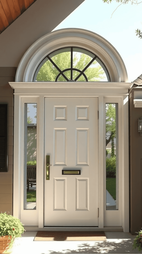 A beautiful white door with arched top and sidelights, framed by greenery.