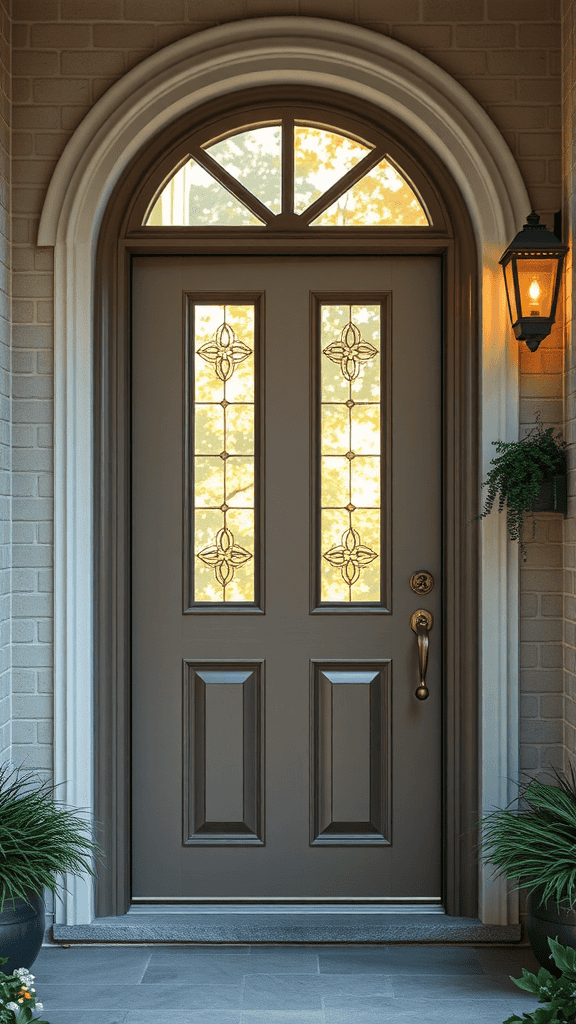 A stylish front door with glass inserts and decorative trim.