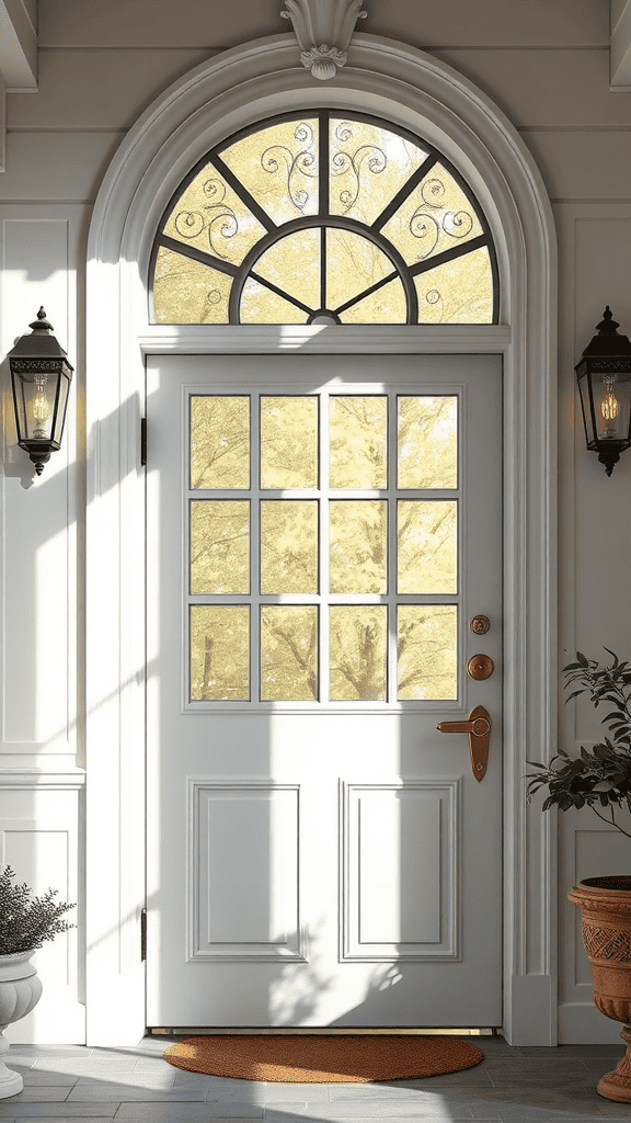 An elegant white door with glass panels and a decorative arch, illuminated by sunlight.