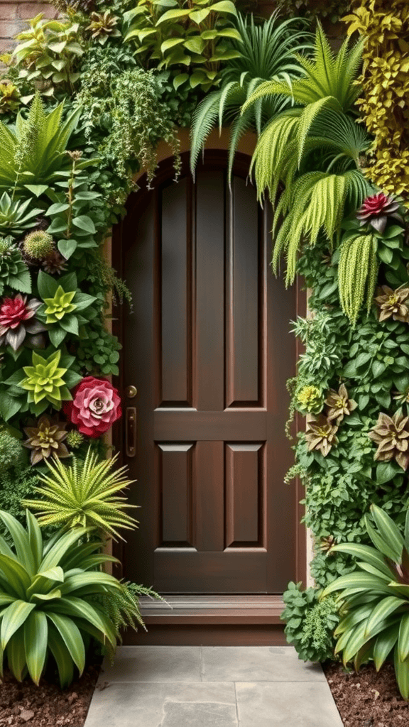 A vibrant living wall featuring various plants surrounding a brown door.