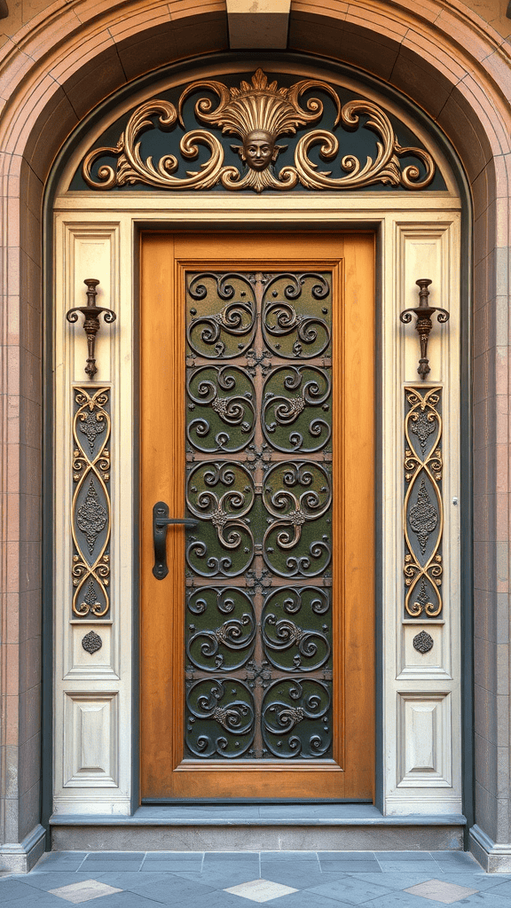 An ornate wooden door with intricate metalwork and decorative elements.