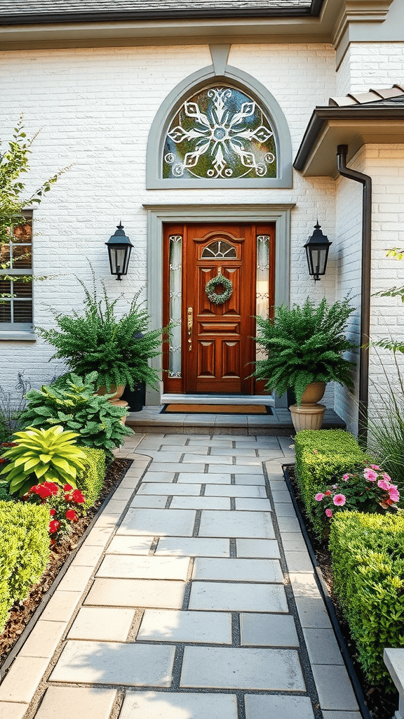 A beautiful front entrance with a well-maintained pathway, lush plants, and a wooden door.