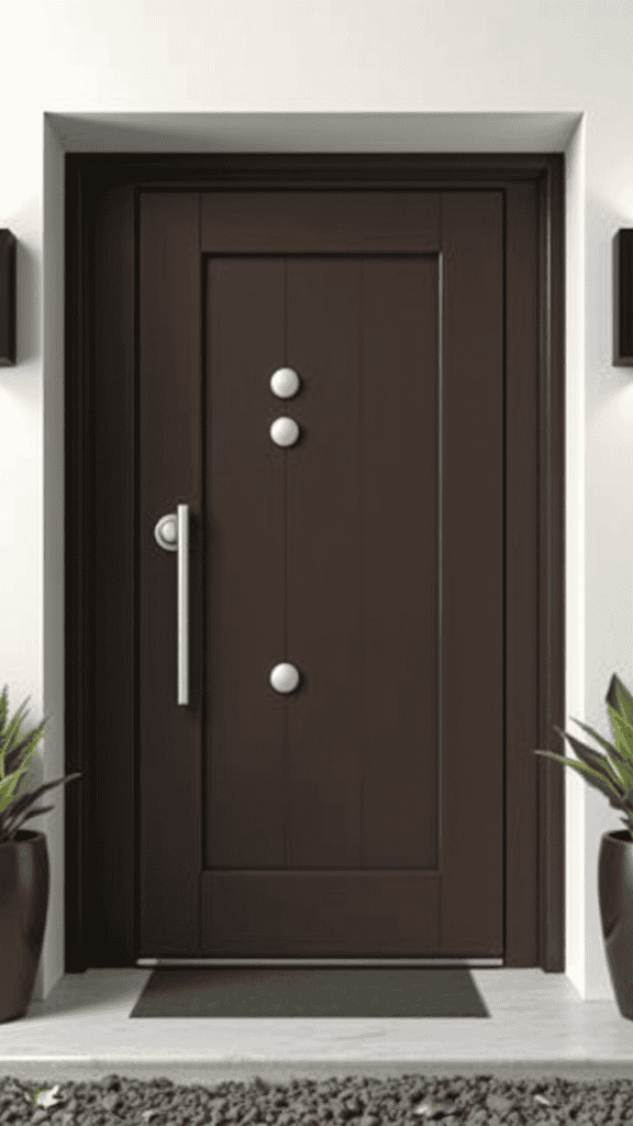 A modern brown door with three circular handles and a sleek design, framed by two potted plants.