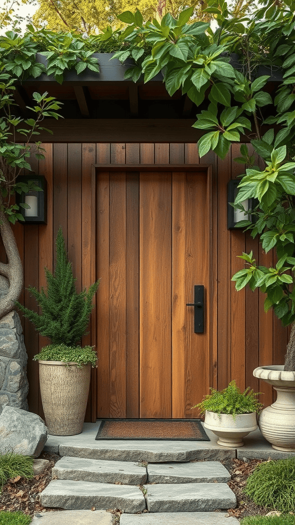 A wooden door surrounded by greenery and plants, showcasing a natural aesthetic.