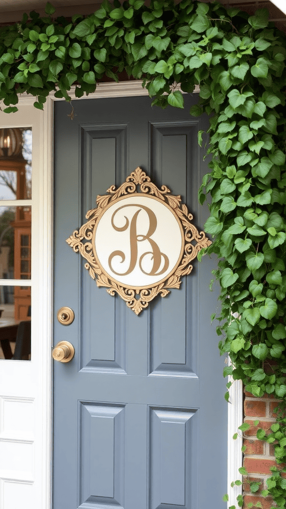 A blue front door adorned with a decorative gold monogram surrounded by green leaves.