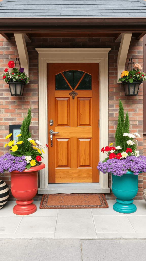 Colorful planters with flowers and greenery by a front door