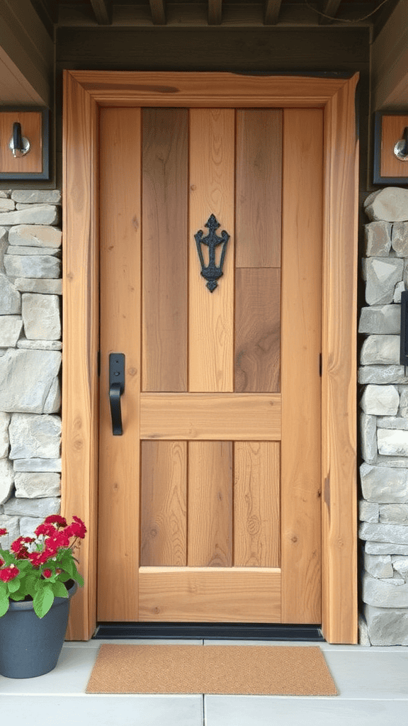 A rustic wooden door with a stone surround, adorned with flowers in a pot.