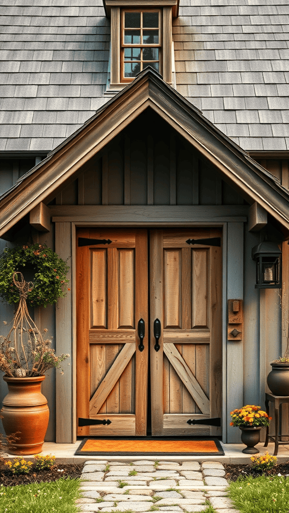 A beautiful rustic entrance featuring a wooden barn door with a stone pathway and potted plants.