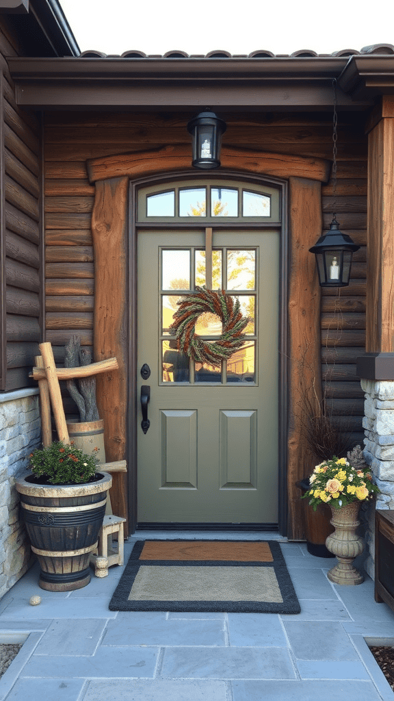 A welcoming entrance featuring a green door, wooden accents, and potted plants