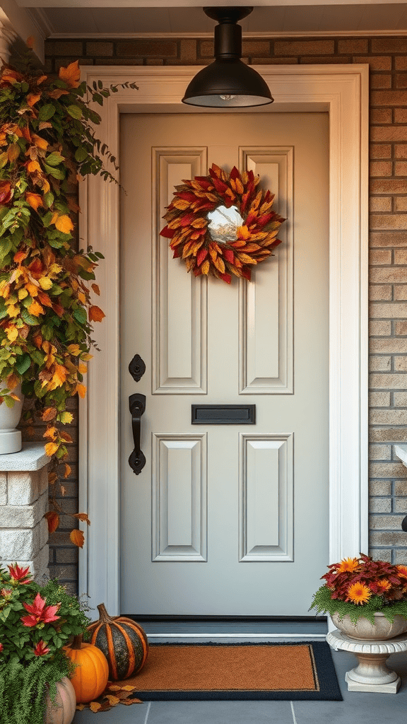 A front door decorated with an autumn-themed wreath and seasonal plants, showcasing warm colors and a welcoming vibe.