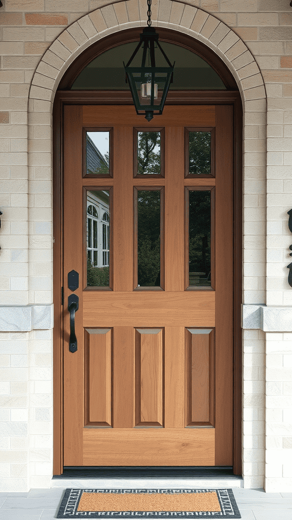 A wooden door with glass panels, framed by stone and metal fixtures, under an archway.