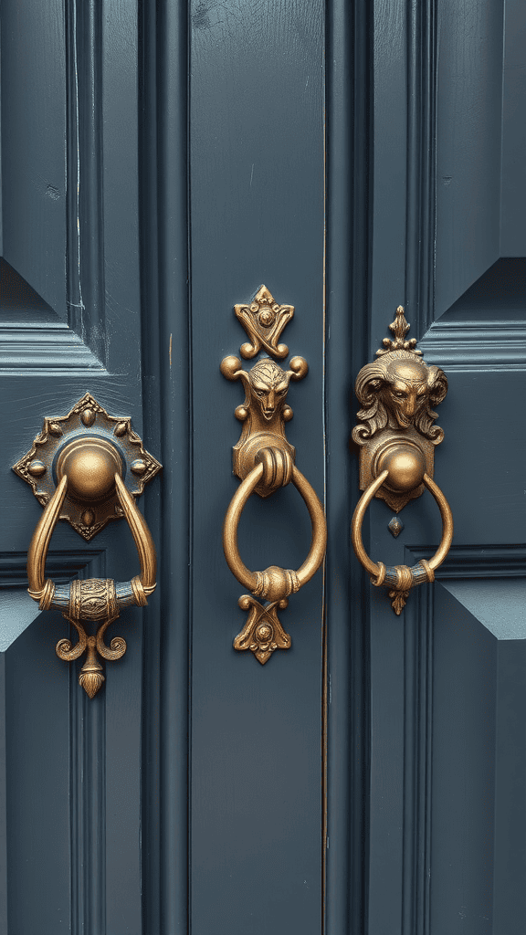 Close-up of ornate golden door hardware on a blue door.