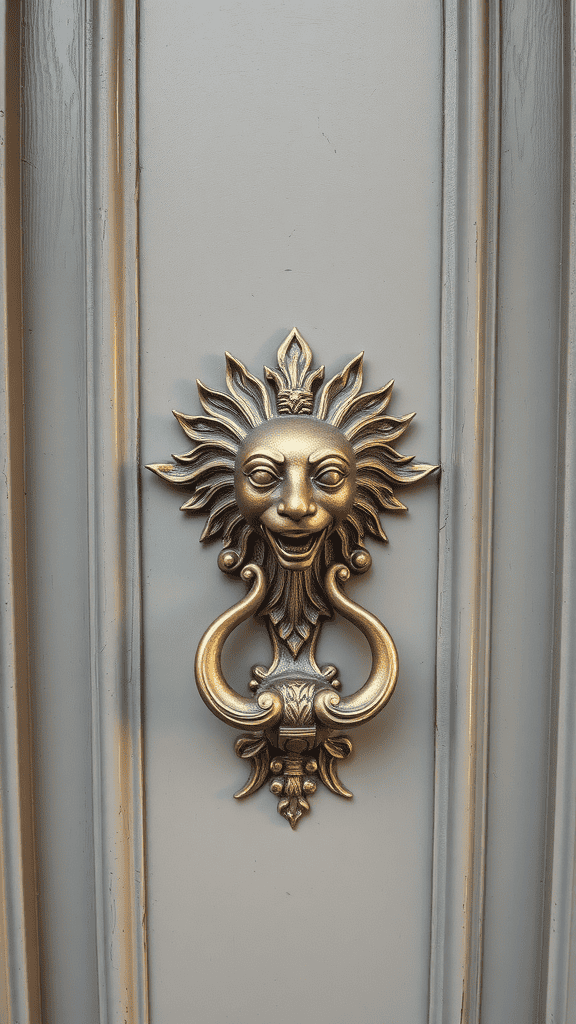 A decorative door knocker shaped like a sun with a smiling face.