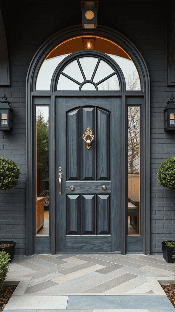 A stylish gray door with a unique arch shape and decorative features, framed by elegant light fixtures and neatly trimmed bushes.