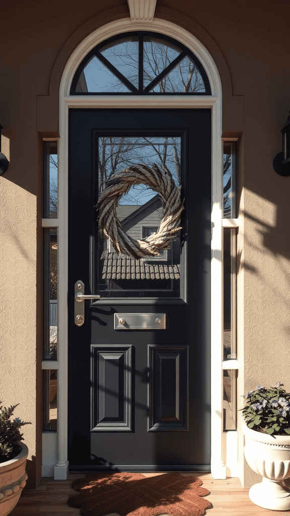 A front door with a decorative wreath and mirrors reflecting light.