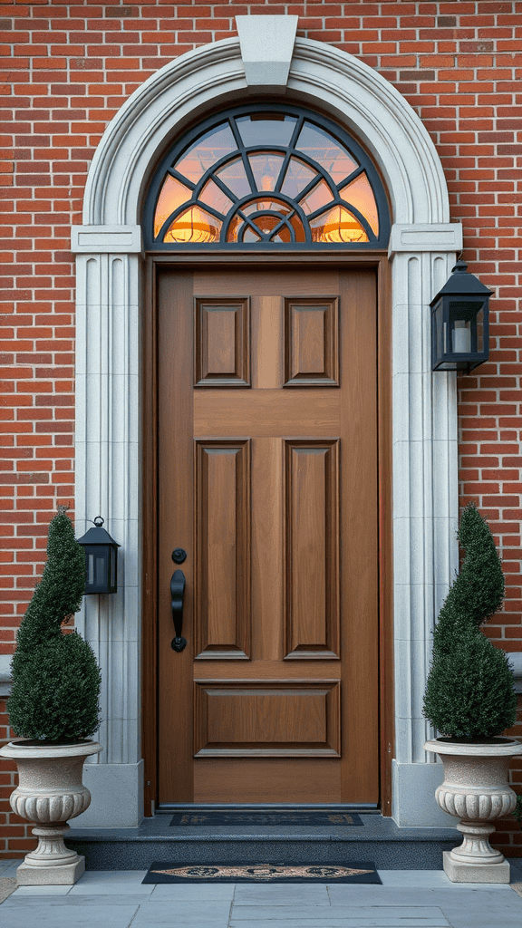 A tall wooden door with an arched window, flanked by decorative plants and brick wall.