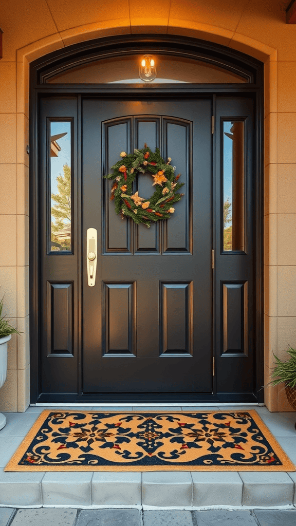 A front door with a decorative wreath and a patterned welcome mat.