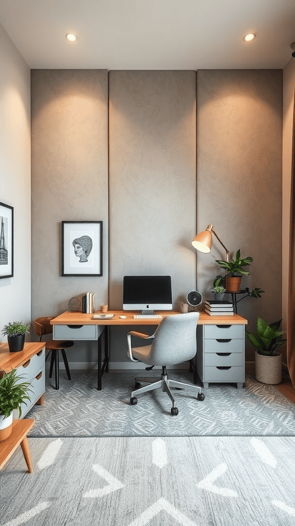 A modern home office with a spacious desk, comfortable chair, and plants, designed for focus and productivity.