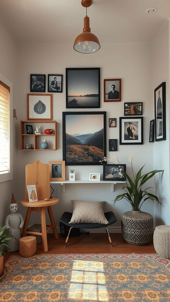 A cozy meditation corner with a wall of framed photos and artwork, a wooden chair, a patterned rug, and plants.