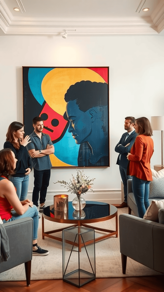 A group of friends discussing a vibrant piece of art in a cozy living room.