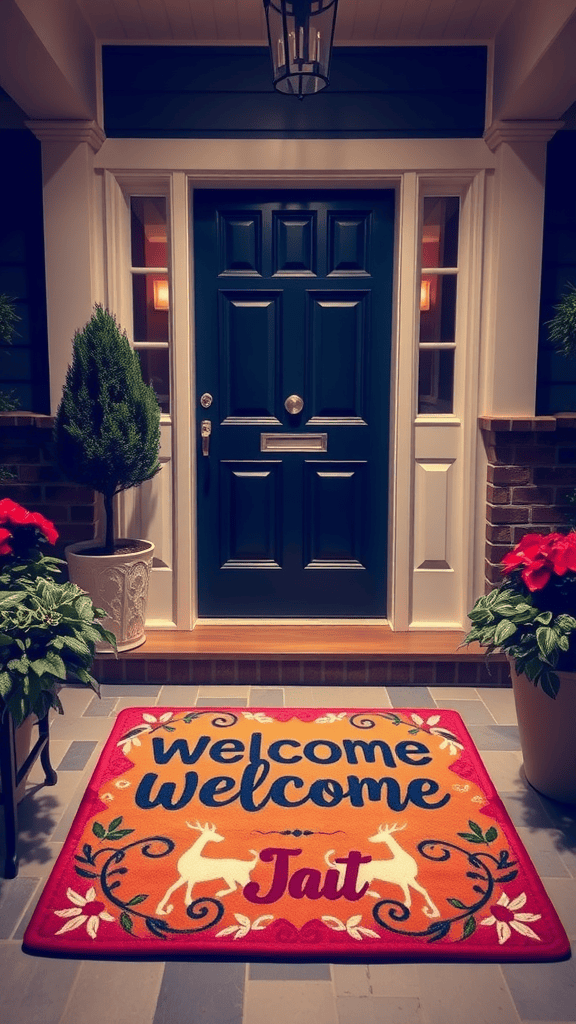 A colorful welcome mat with deer motifs at a home entrance, surrounded by potted plants.