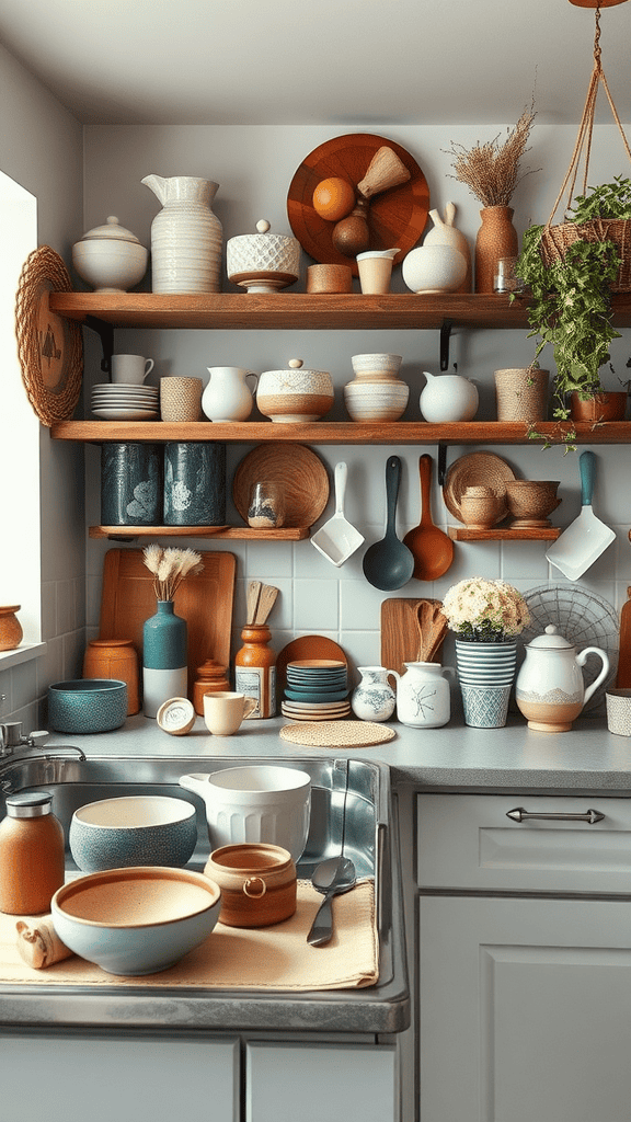 A cozy kitchen display featuring artisanal pottery, handmade kitchenware, and decorative plants.