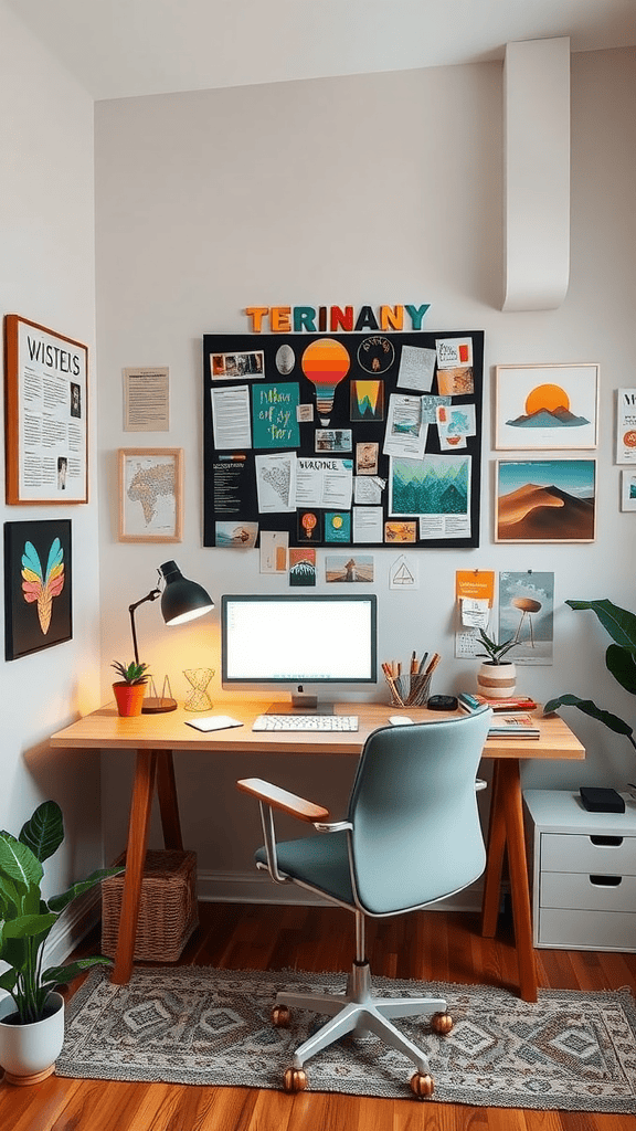 A stylish home office featuring a desk with a computer surrounded by artistic elements and plants.