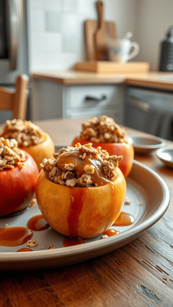 Baked apples stuffed with cinnamon oats and drizzled with caramel sauce