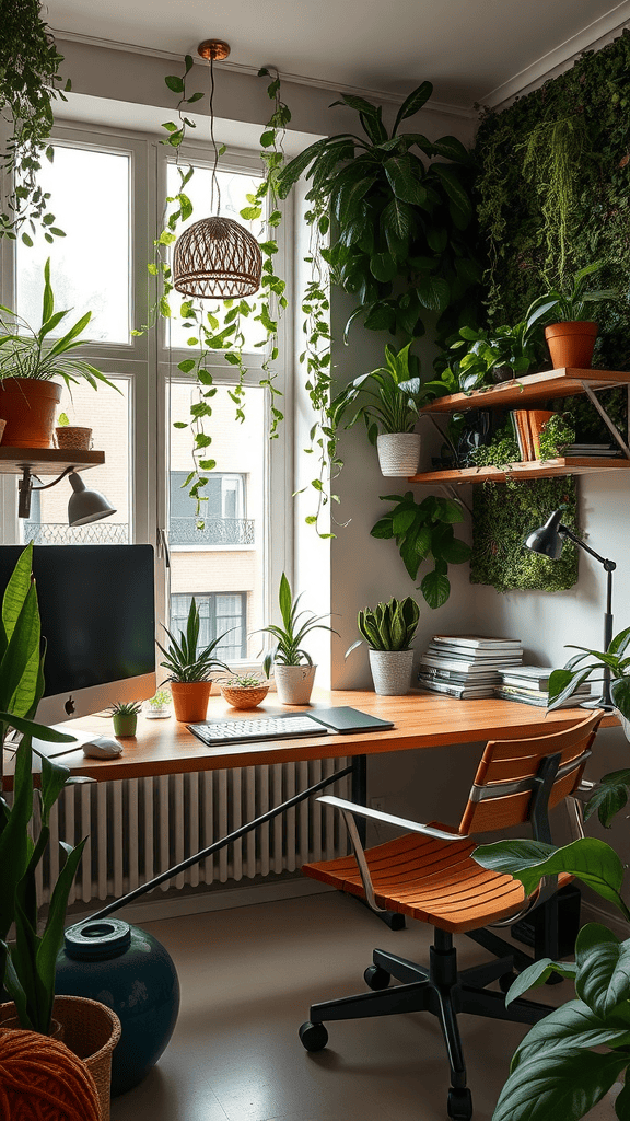 A cozy home office filled with plants and natural light, featuring a wooden desk and modern chair.