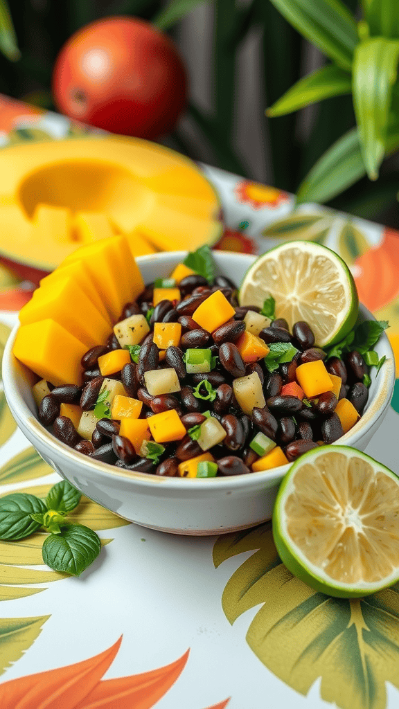 A colorful Caribbean Black Bean Salad in a bowl with mango, black beans, and lime slices.