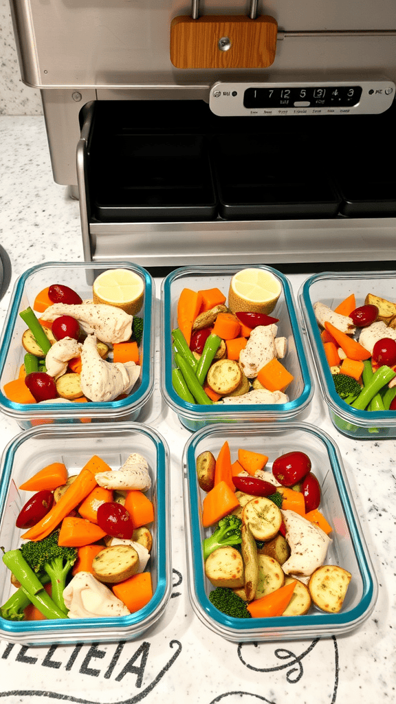 Meal prep containers filled with chicken and assorted vegetables ready for the week