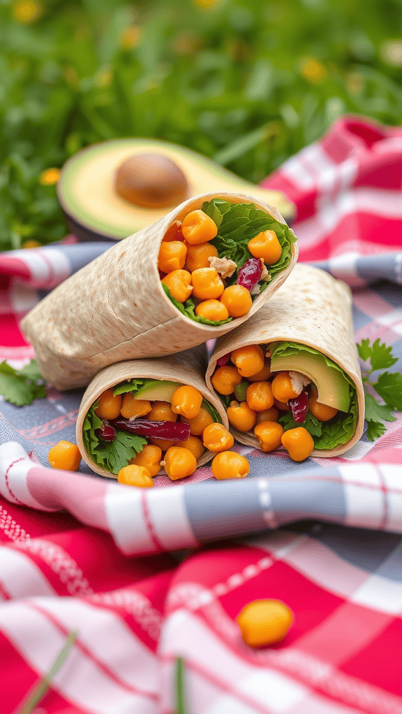 Chickpea and avocado wraps on a picnic blanket