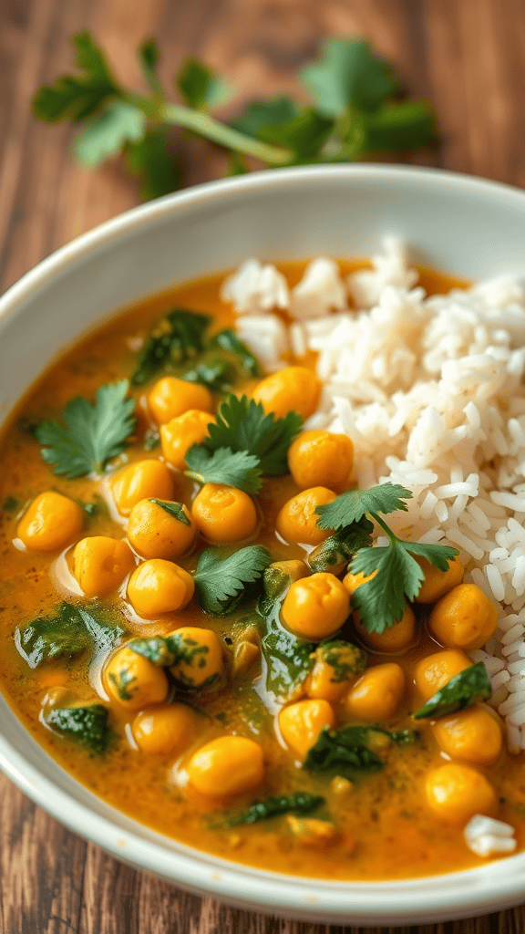 A bowl of chickpea and spinach coconut curry with rice, garnished with cilantro.