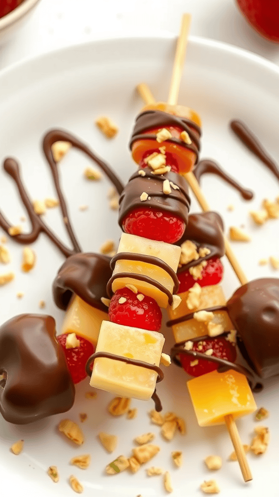 Chocolate-dipped fruit skewers with strawberries and pineapple, drizzled with chocolate and topped with chopped nuts.