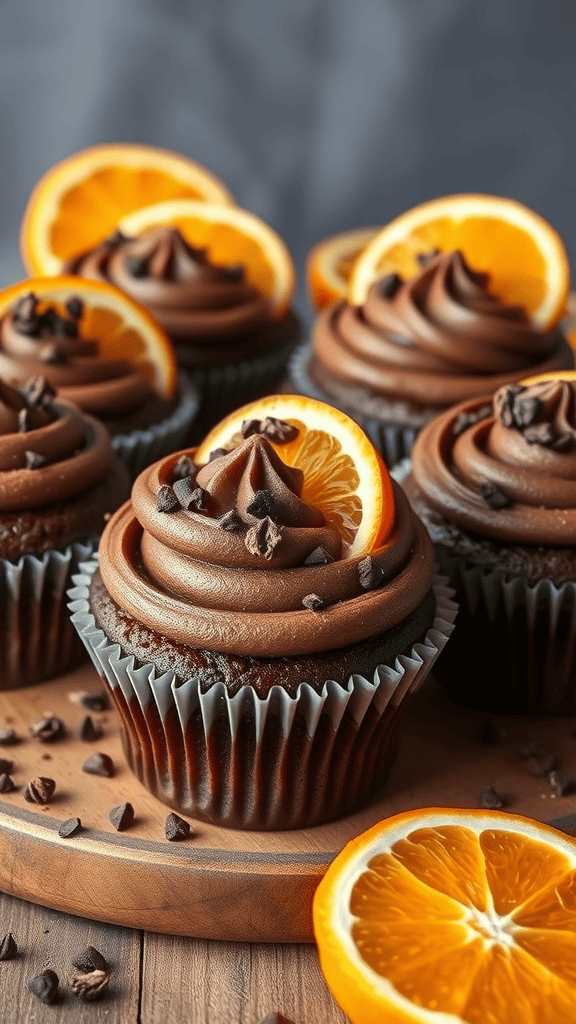 Chocolate cupcakes topped with chocolate frosting and orange slices