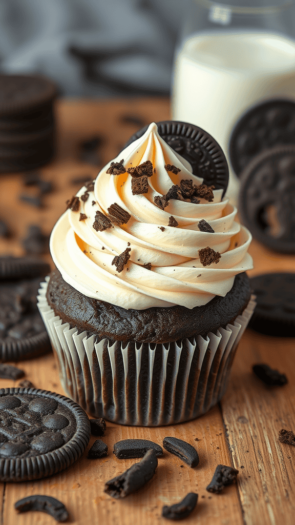 Chocolate Cookies & Cream cupcake topped with creamy frosting and cookie crumbles