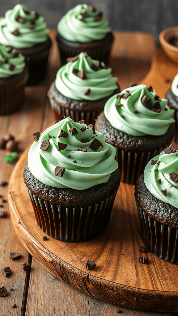 Delicious chocolate mint cupcakes with green frosting and chocolate shavings