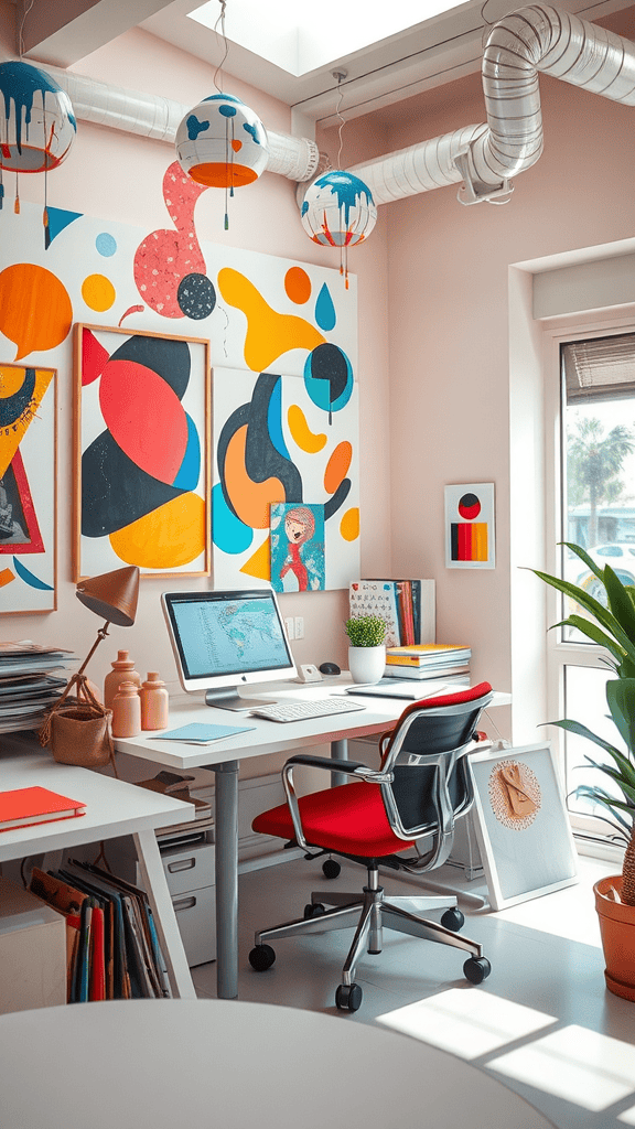 A colorful workspace with vibrant abstract art on the wall, a red chair, and indoor plants creating an inviting atmosphere.